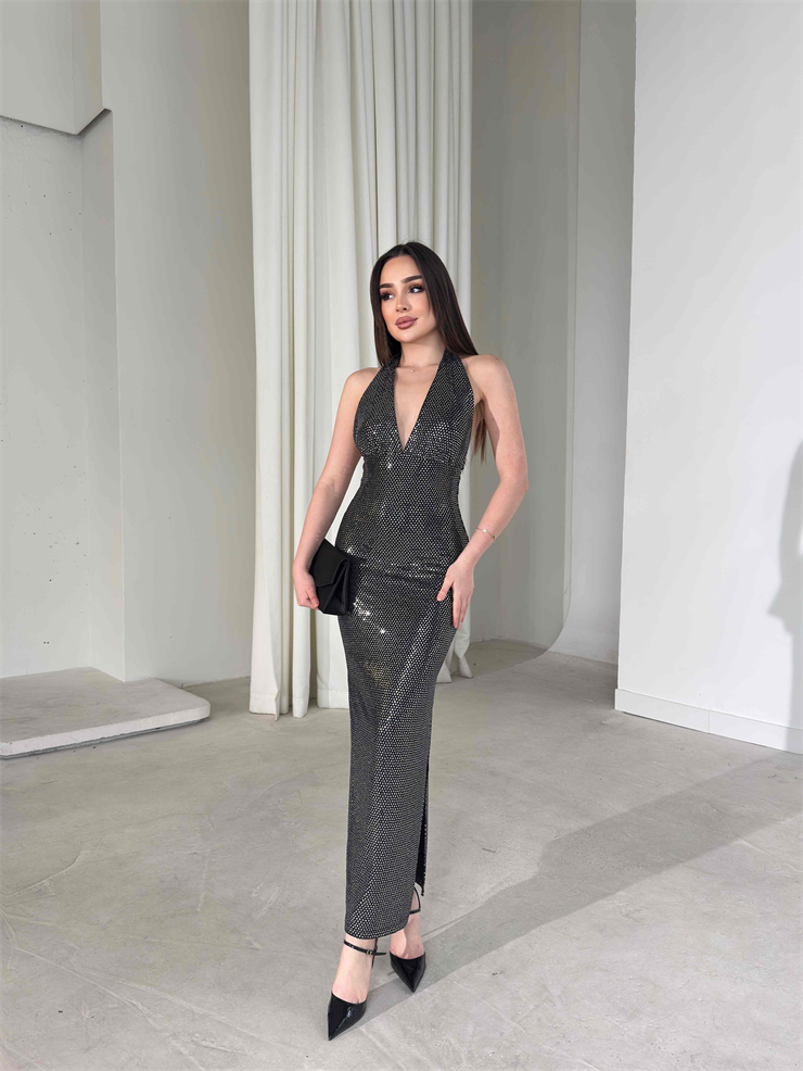 Derin V Yaka Boyundan Bağlamalı Parlak Yandan Yırtmaçlı Siyah Bridget Kadın Elbise 26Y185