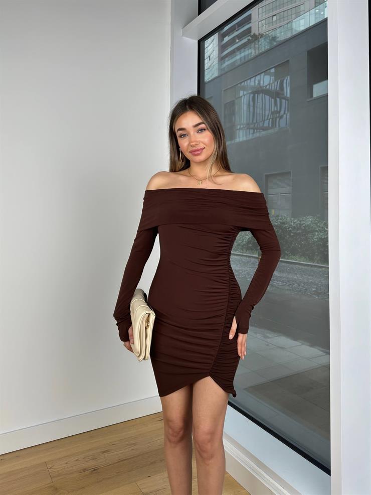 Madonna Yaka Uzun Kol Drapeli Brite Kahve Kadın Mini Elbise 25K447