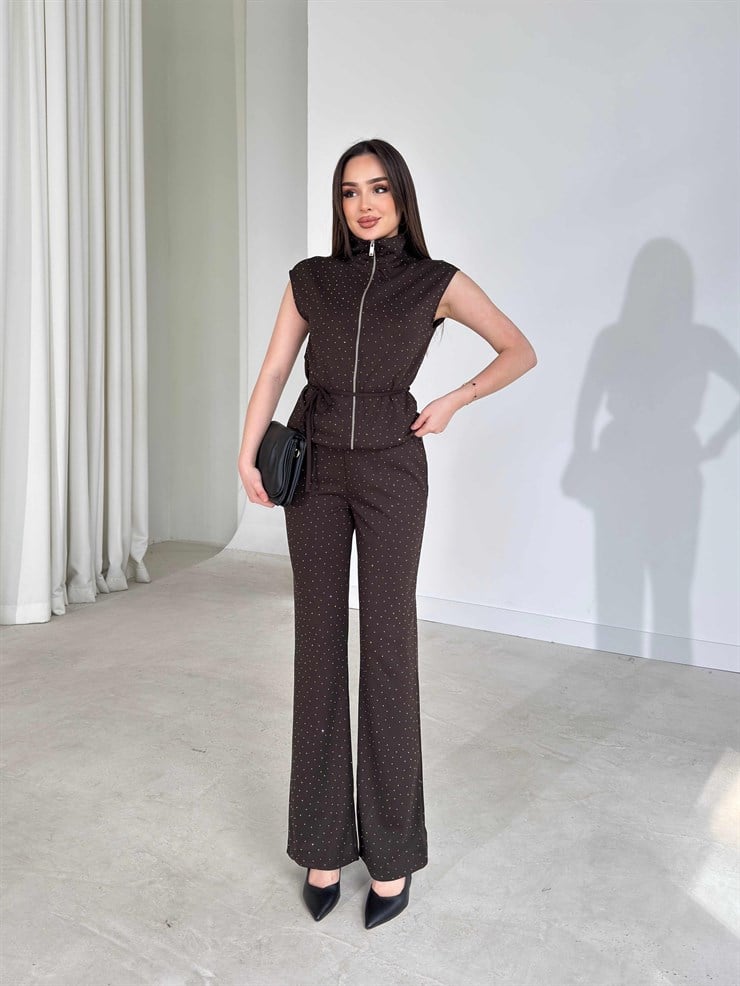 Taşlı İnce Kuşaklı Kahverengi Britney İkili Kadın Takım 26Y156