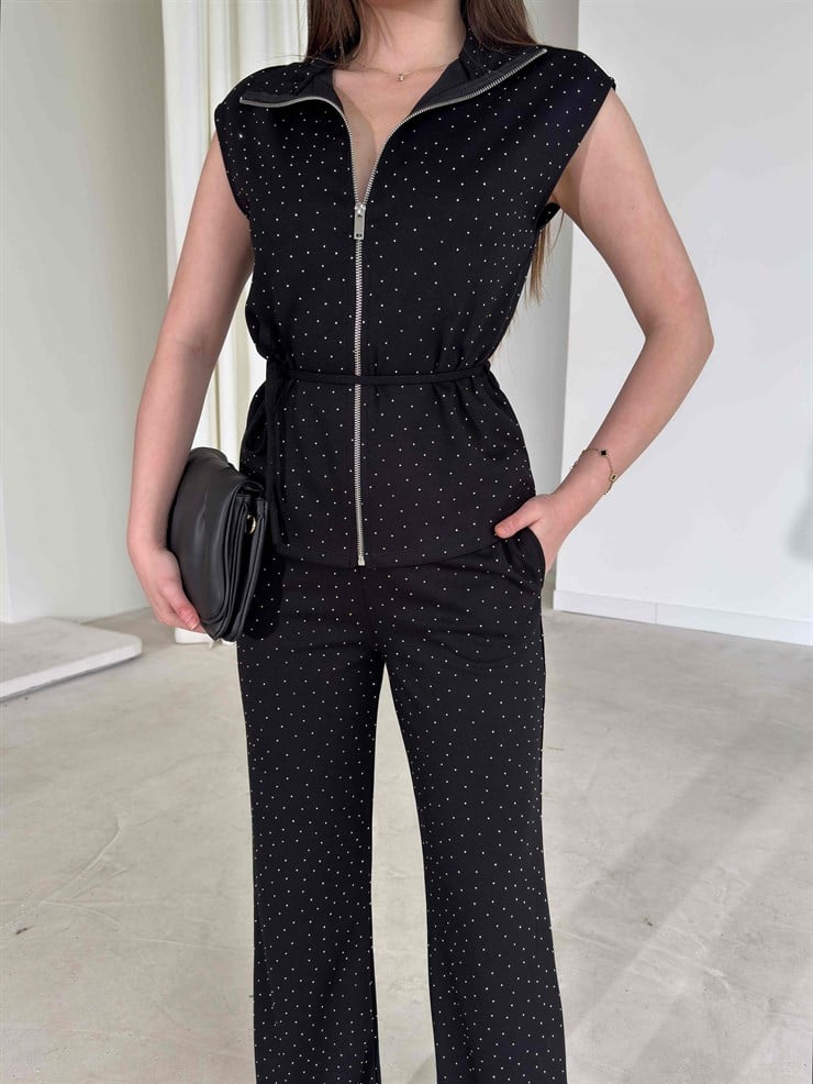 Taşlı İnce Kuşaklı Siyah Britney İkili Kadın Takım 26Y156