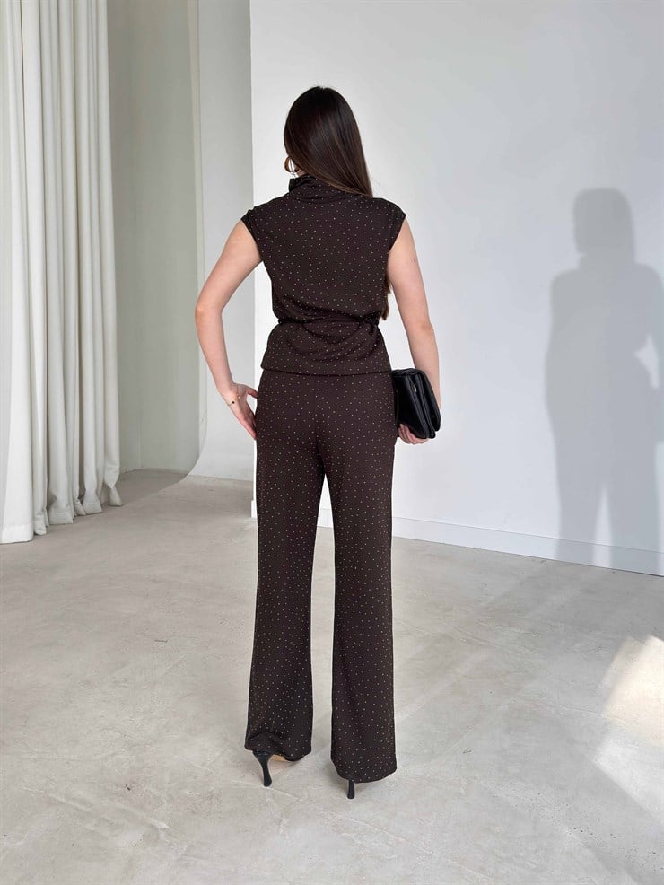 Taşlı İnce Kuşaklı Kahverengi Britney İkili Kadın Takım 26Y156