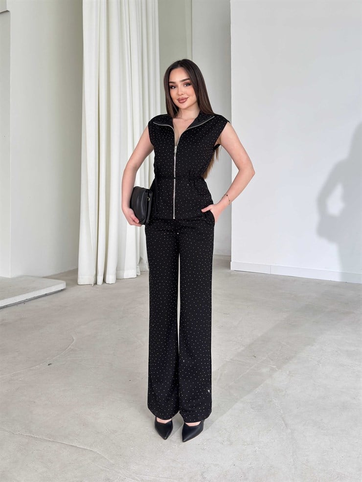 Taşlı İnce Kuşaklı Siyah Britney İkili Kadın Takım 26Y156