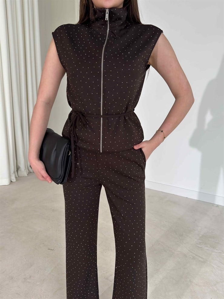 Taşlı İnce Kuşaklı Kahverengi Britney İkili Kadın Takım 26Y156