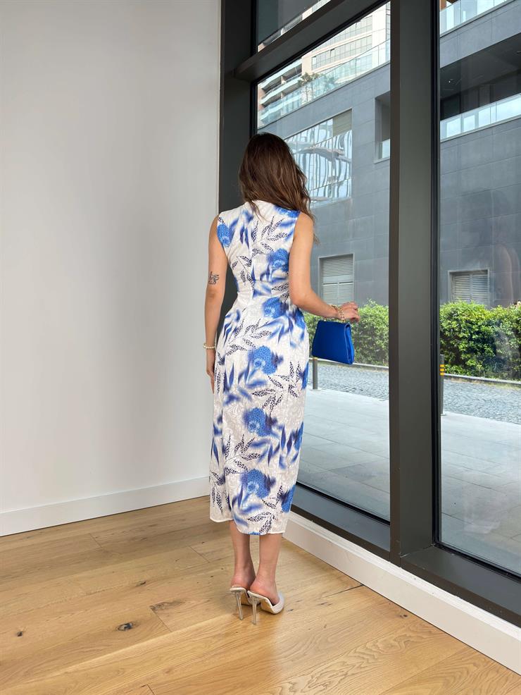 Büzgü Detaylı Aksesuarlı Broca Mavi Desenli Kadın Elbise 25Y354