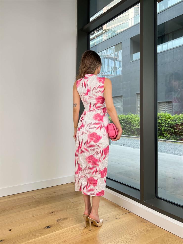 Büzgü Detaylı Aksesuarlı Broca Pembe Desenli Kadın Elbise 25Y354