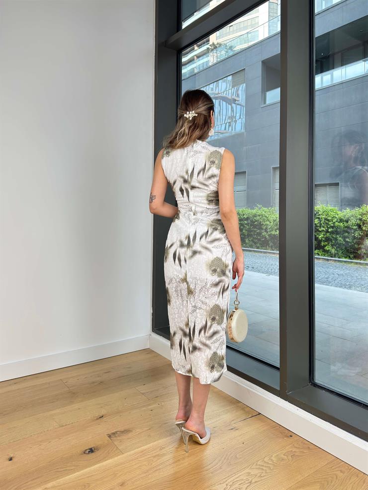 Büzgü Detaylı Aksesuarlı Broca Mint Desenli Kadın Elbise 25Y354