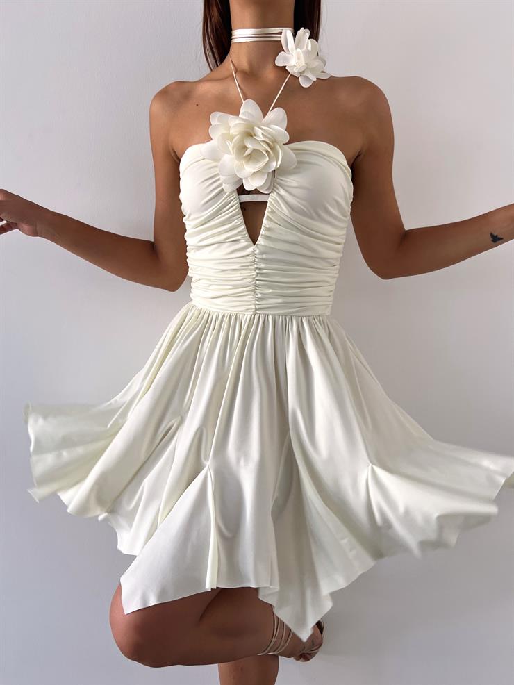 Drape Detaylı Boyundan Bağlamalı Etek Ucu Asimetrik Kesim Broker Kadın Ekru Gül Detaylı Mini Elbise 23Y000474