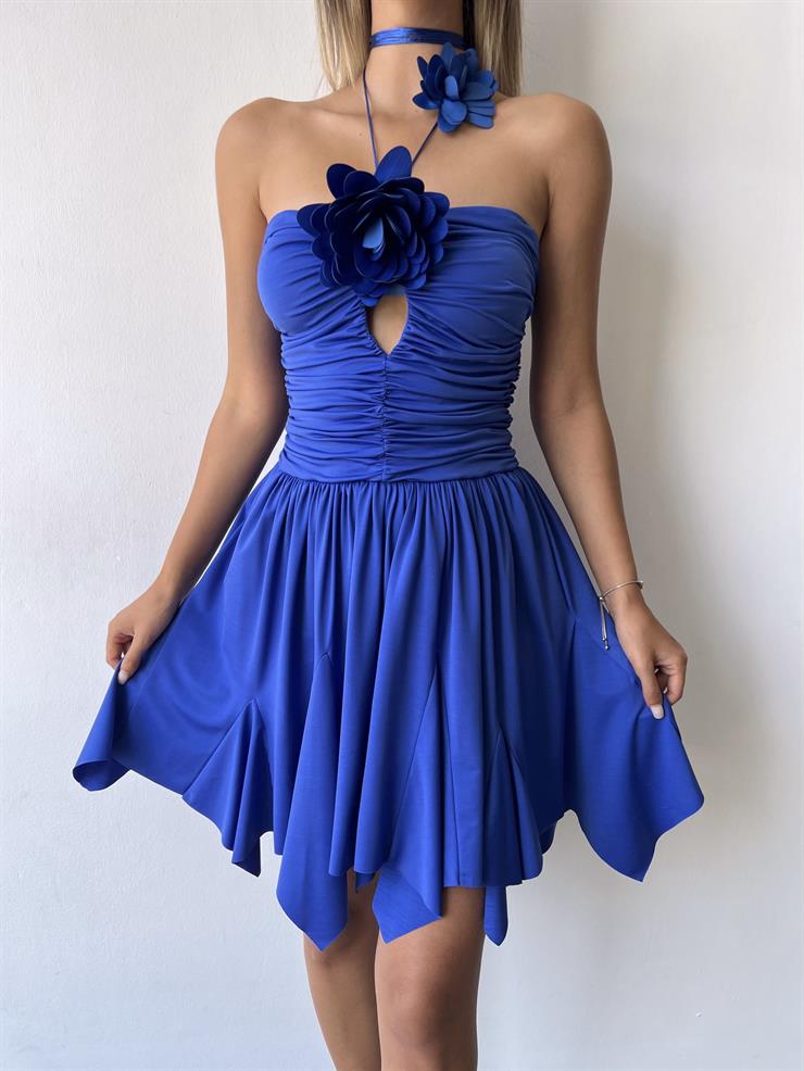 Drape Detaylı Boyundan Bağlamalı Etek Ucu Asimetrik Kesim Broker Kadın Saks Gül Detaylı Mini Elbise 23Y000474