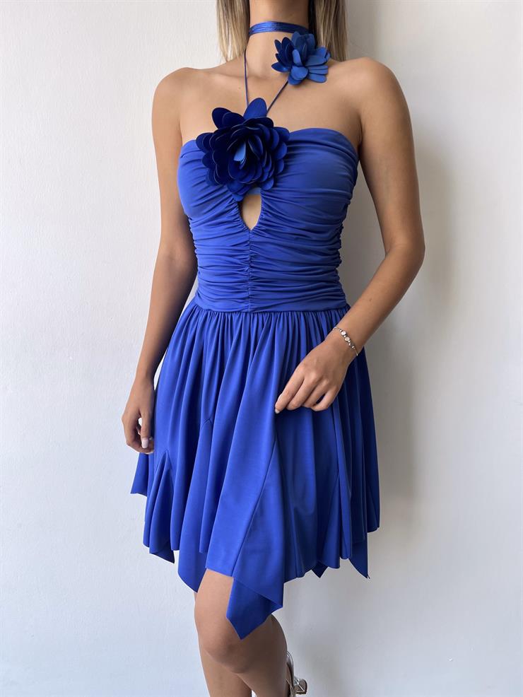 Drape Detaylı Boyundan Bağlamalı Etek Ucu Asimetrik Kesim Broker Kadın Saks Gül Detaylı Mini Elbise 23Y000474