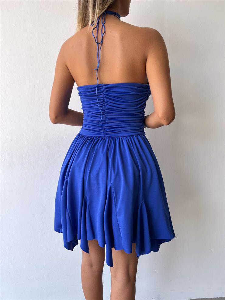 Drape Detaylı Boyundan Bağlamalı Etek Ucu Asimetrik Kesim Broker Kadın Saks Gül Detaylı Mini Elbise 23Y000474