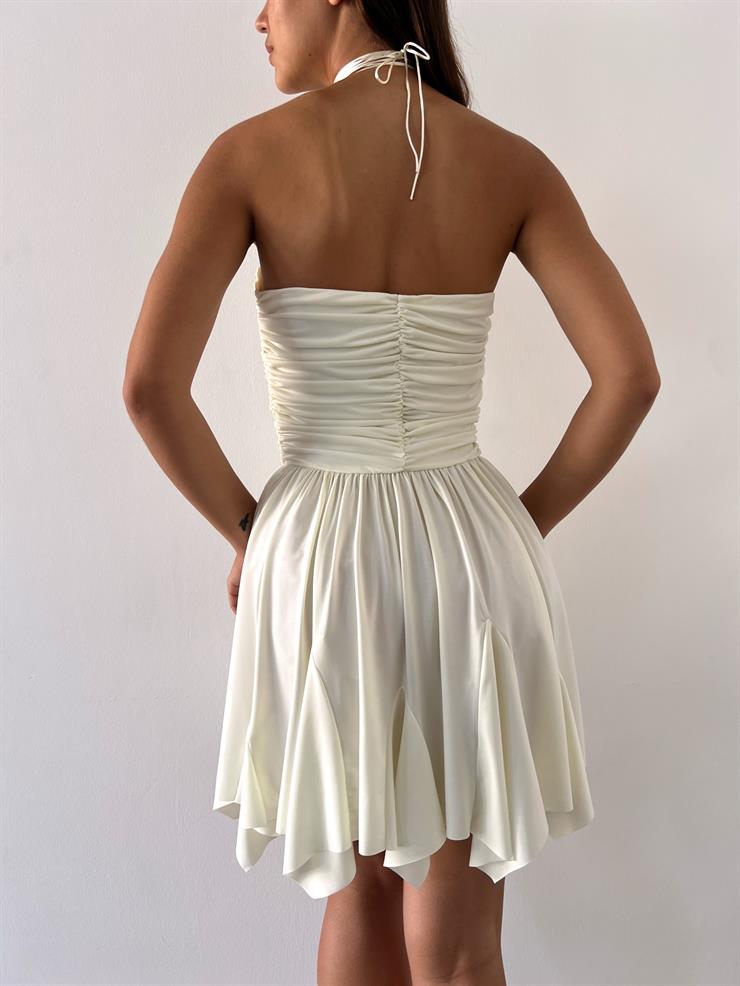 Drape Detaylı Boyundan Bağlamalı Etek Ucu Asimetrik Kesim Broker Kadın Ekru Gül Detaylı Mini Elbise 23Y000474