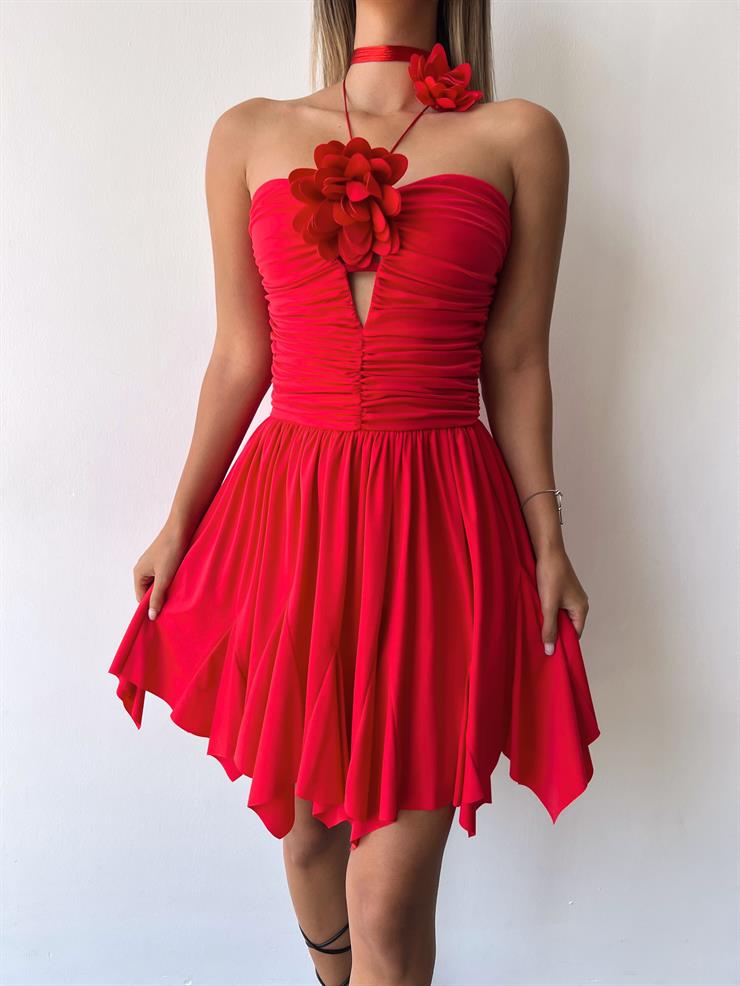 Drape Detaylı Boyundan Bağlamalı Etek Ucu Asimetrik Kesim Broker Kadın Kırmızı Gül Detaylı Mini Elbise 23Y000474