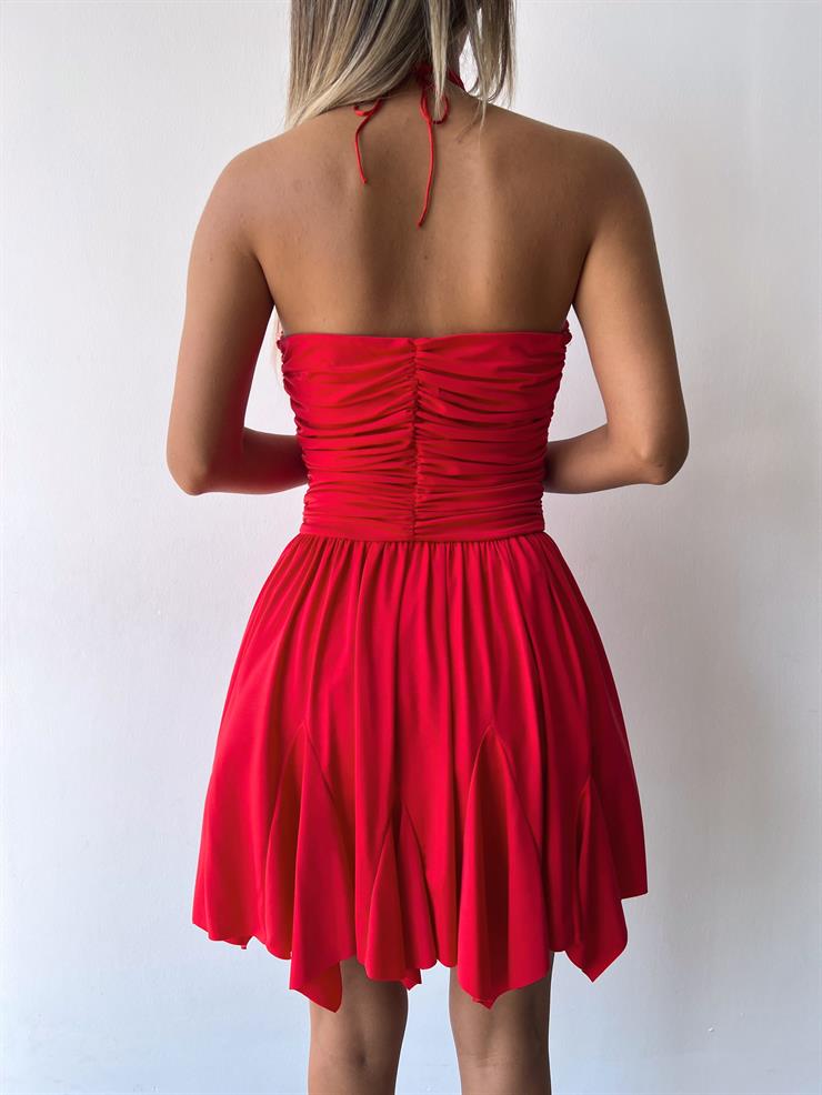 Drape Detaylı Boyundan Bağlamalı Etek Ucu Asimetrik Kesim Broker Kadın Kırmızı Gül Detaylı Mini Elbise 23Y000474