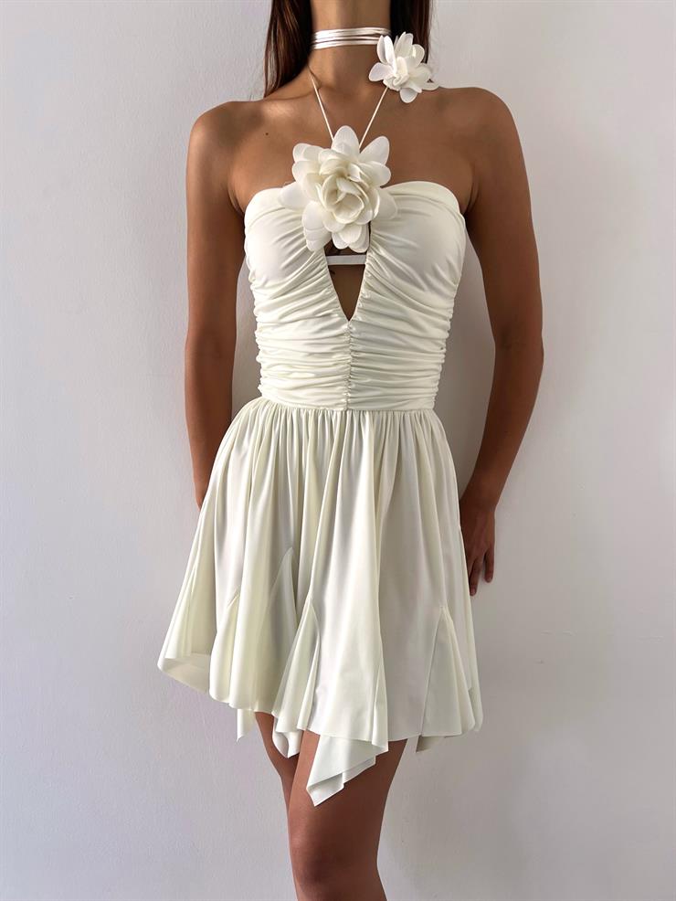 Drape Detaylı Boyundan Bağlamalı Etek Ucu Asimetrik Kesim Broker Kadın Ekru Gül Detaylı Mini Elbise 23Y000474