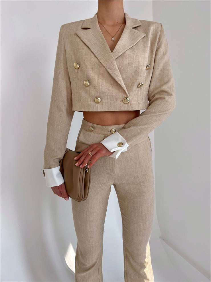 Kruvaze Yaka Düğme Kapamalı Ceket Yanları Cepli Geniş Paça Pantolon Brooke Kadın Taş İkili Takım 23Y000018