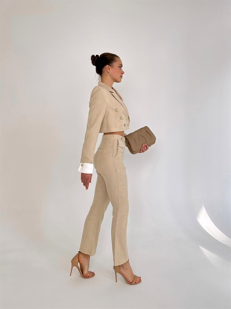 Kruvaze Yaka Düğme Kapamalı Ceket Yanları Cepli Geniş Paça Pantolon Brooke Kadın Taş İkili Takım 23Y000018