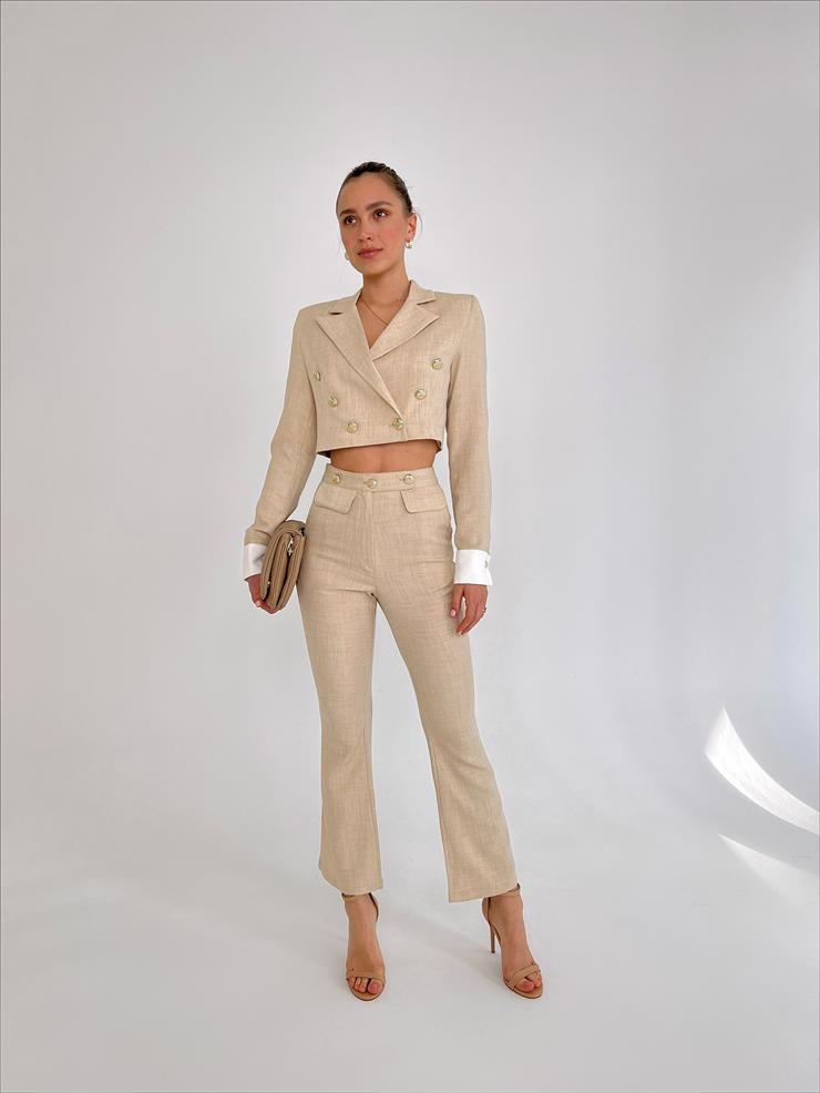 Kruvaze Yaka Düğme Kapamalı Ceket Yanları Cepli Geniş Paça Pantolon Brooke Kadın Taş İkili Takım 23Y000018