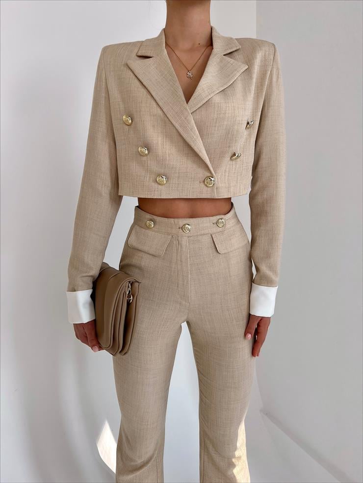 Kruvaze Yaka Düğme Kapamalı Ceket Yanları Cepli Geniş Paça Pantolon Brooke Kadın Taş İkili Takım 23Y000018