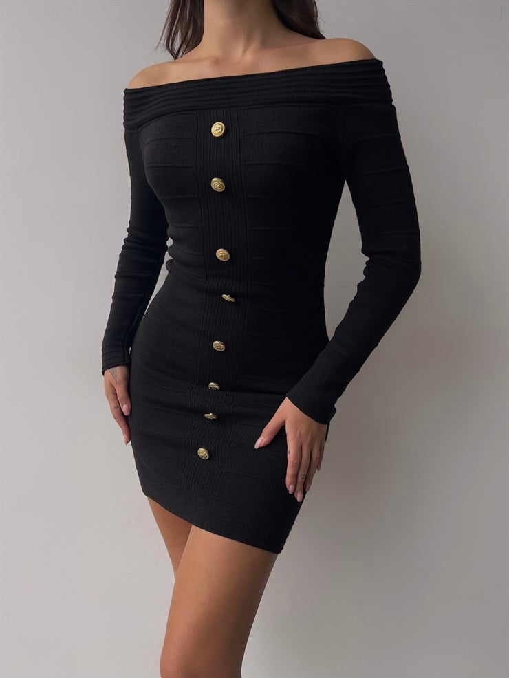 Madonna Yaka Uzun Kol Broter Kadın Düğmeli Siyah Elbise 23K000349