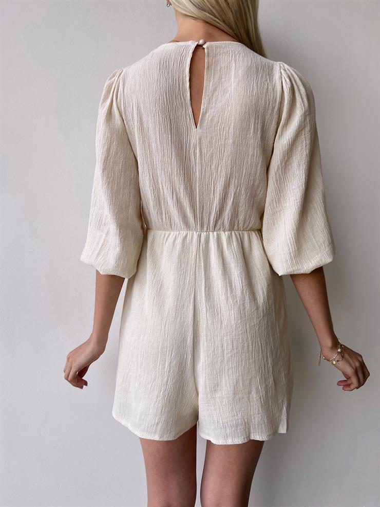 V Yaka Brunei Kadın Vizon Önü Dantel Detaylı Mini Tulum 23Y000404