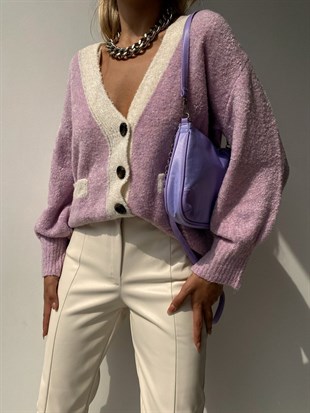 Buklet Düğmeli Oversize Kadın Lila Hırka 22K000047