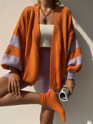 Balon Kol Oversize Kadın Turuncu Buklet Hırka 22K000046