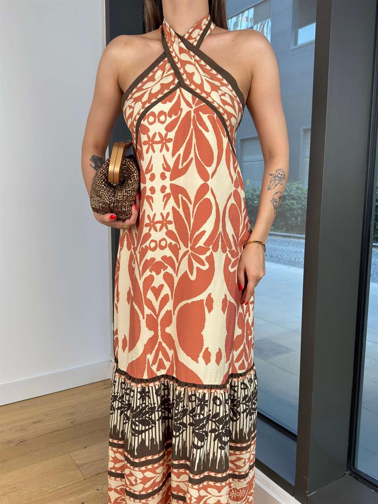 Boyundan Çapraz Bağlamalı Buluni Kahve Kadın Desenli Elbise 25Y509