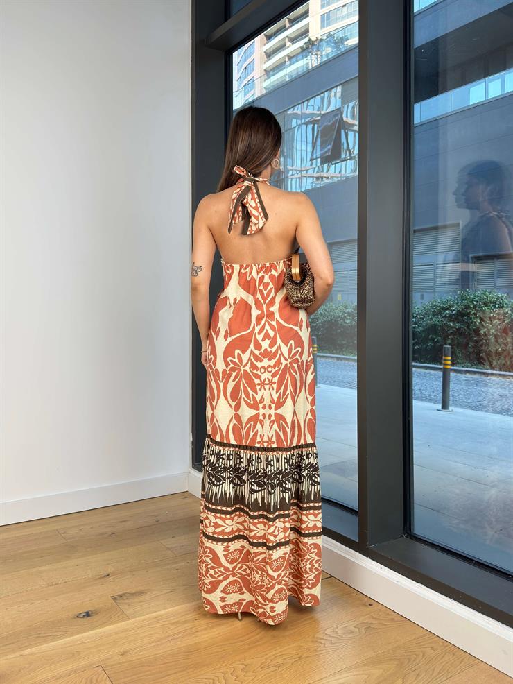 Boyundan Çapraz Bağlamalı Buluni Kahve Kadın Desenli Elbise 25Y509