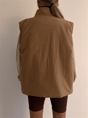 Oversize Şişme Büyük Cepli Kadın Kahverengi Yelek 22K000055