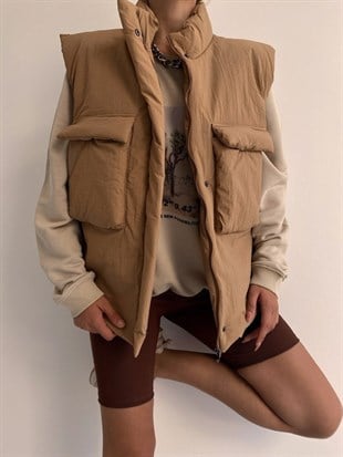 Oversize Şişme Büyük Cepli Kadın Kahverengi Yelek 22K000055