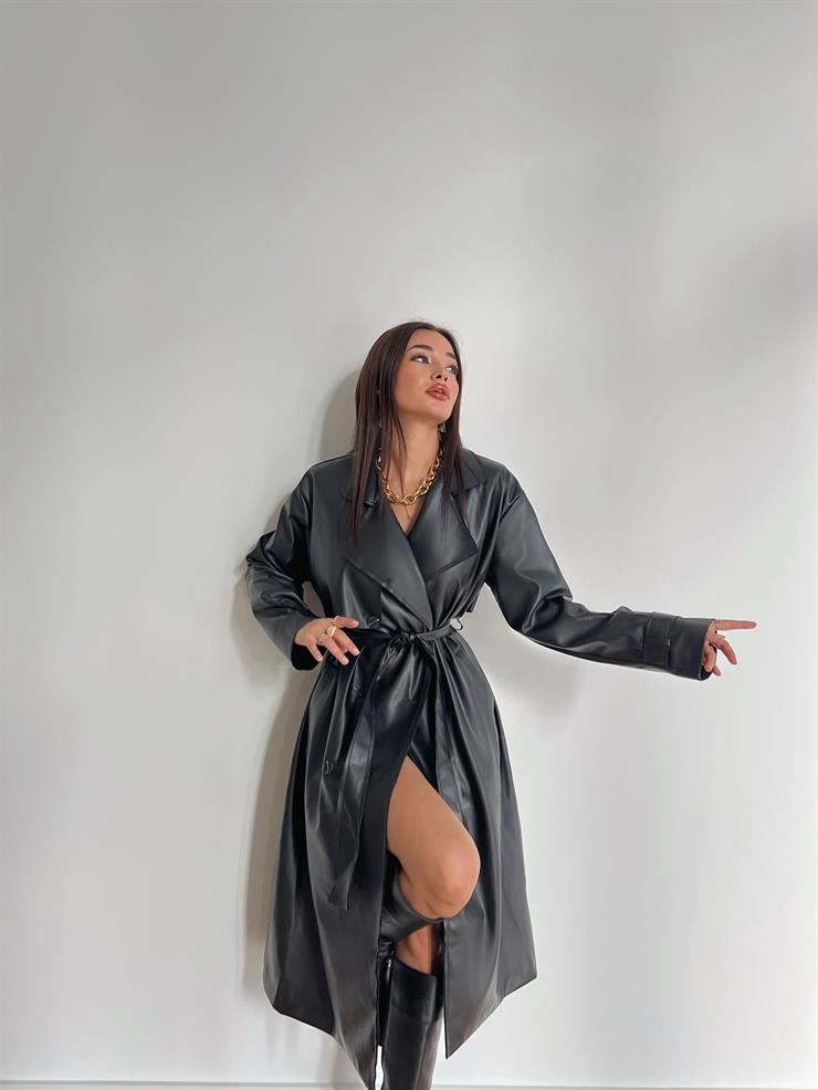 Kolları Kemer Görünümlü Beli Kemerli Cabra Kadın Siyah Deri Trenç 24k000134