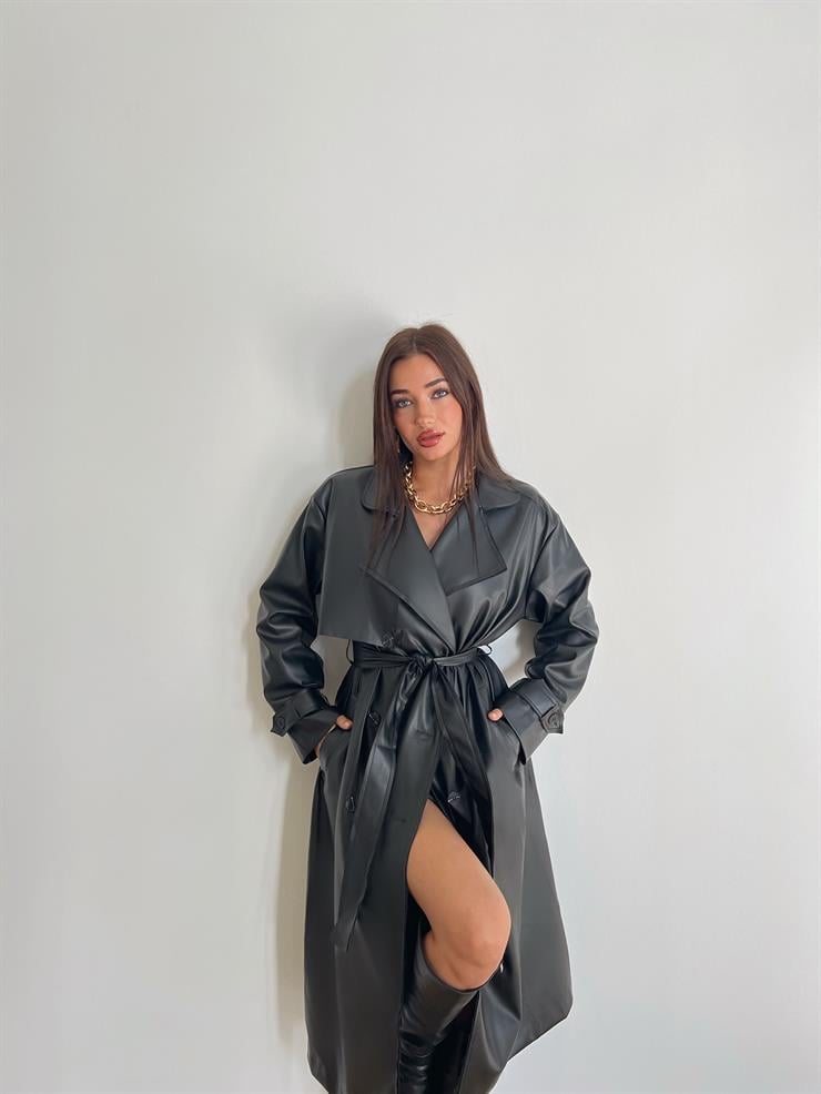 Kolları Kemer Görünümlü Beli Kemerli Cabra Kadın Siyah Deri Trenç 24k000134