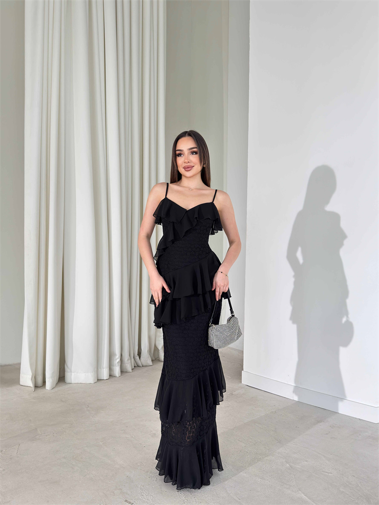 Dantel Ve Fırfır Detaylı İnce Askılı Belden Oturtmalı Maxi Siyah Cadence Kadın Elbise 26Y165