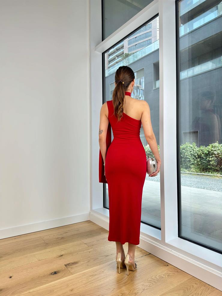 Tek Omuz Gül Detaylı Cajsa Kadın Kırmızı Elbise 24Y635