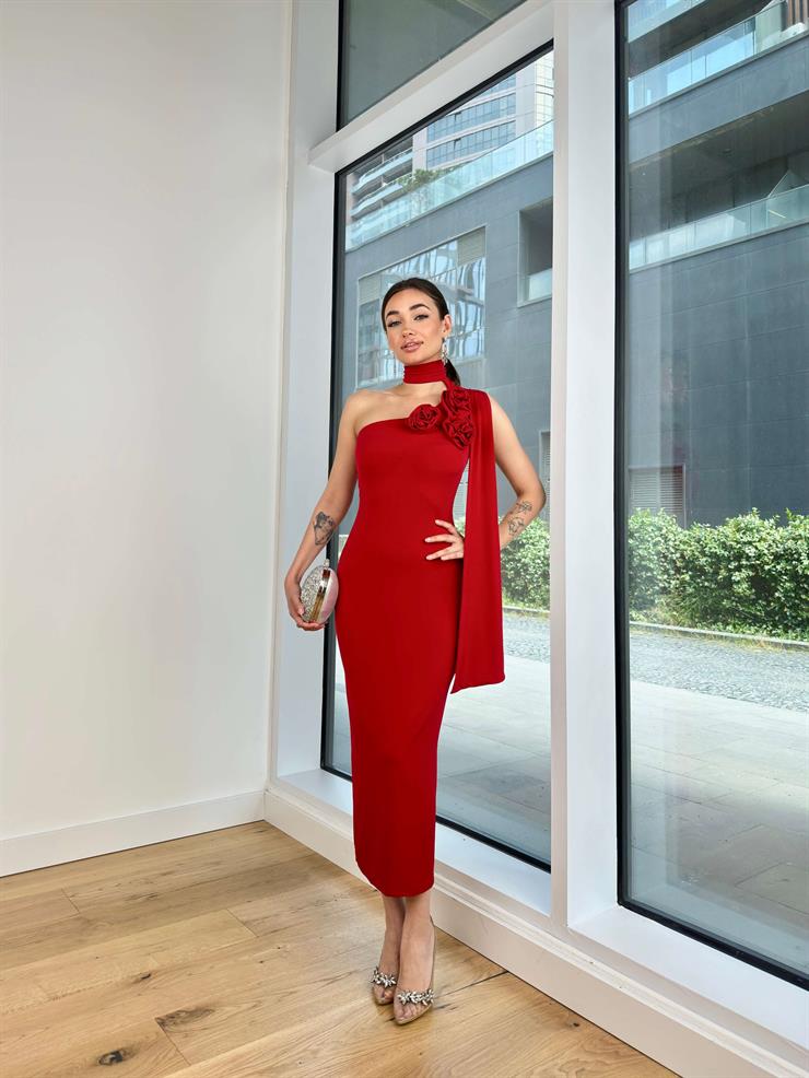 Tek Omuz Gül Detaylı Cajsa Kadın Kırmızı Elbise 24Y635