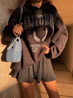 Kapüşonlu California Baskılı Oversize Kadın Siyah Sweat 22K000013