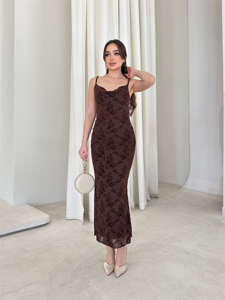 Desenli Askılı Degaje Yaka Candice Kahve Kadın Elbise 26Y151