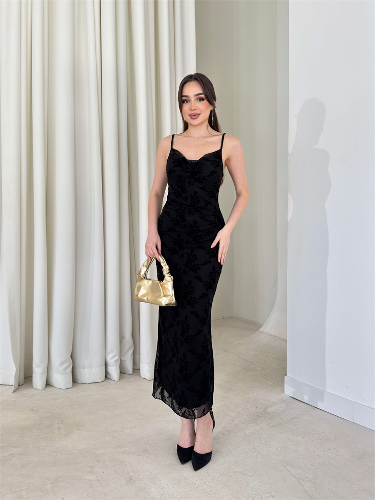 Desenli Askılı Degaje Yaka Candice Siyah Kadın Elbise 26Y151