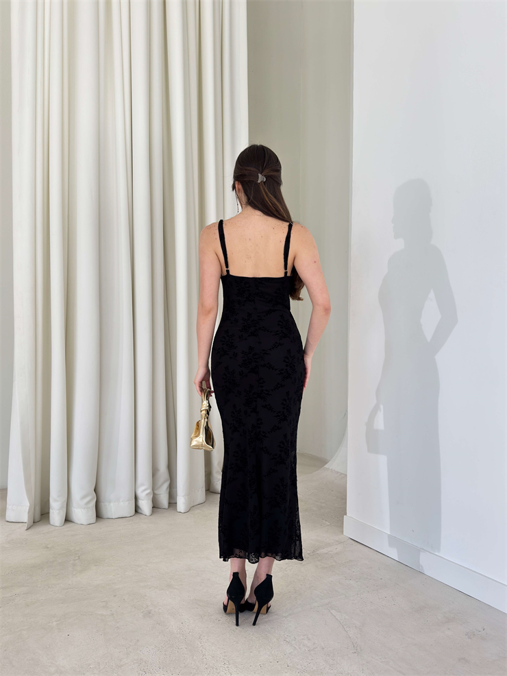 Desenli Askılı Degaje Yaka Candice Siyah Kadın Elbise 26Y151