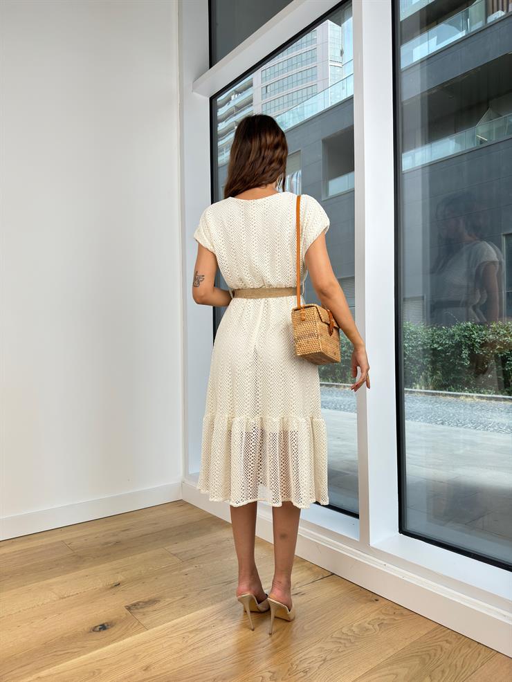 Kısa Kol V Yaka Beli Kemerli Capita Kadın Bej Midi Elbise 24Y782