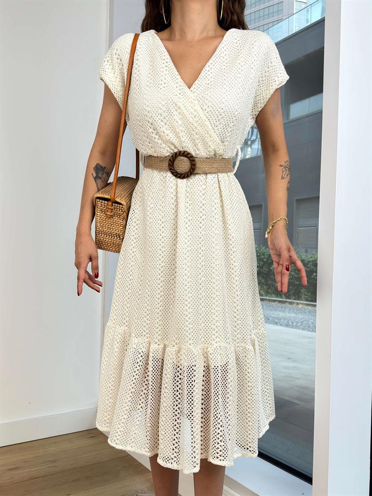 Kısa Kol V Yaka Beli Kemerli Capita Kadın Bej Midi Elbise 24Y782