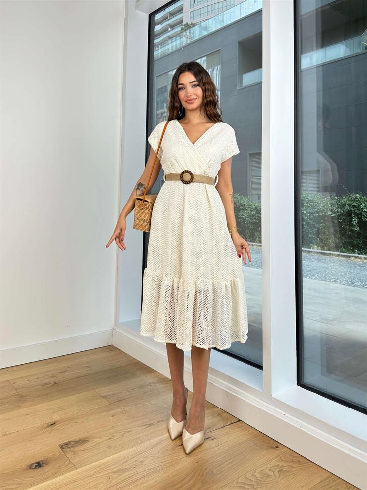 Kısa Kol V Yaka Beli Kemerli Capita Kadın Bej Midi Elbise 24Y782