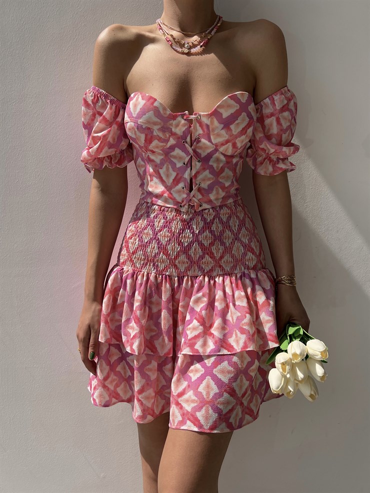 Çapraz Bağcık Açık Omuz Üst Fırfırlı Gipeli Alt Justus Kadın Pembe İkili Takım 22Y000330