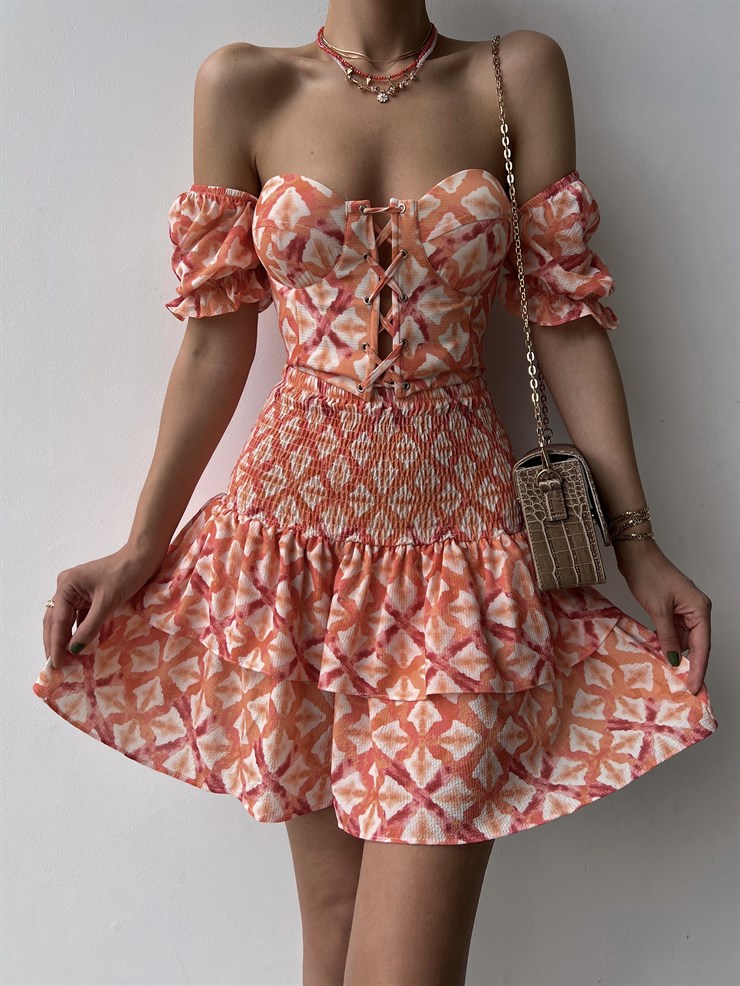 Çapraz Bağcık Açık Omuz Üst Fırfırlı Gipeli Alt Justus Kadın Somon İkili Takım 22Y000330