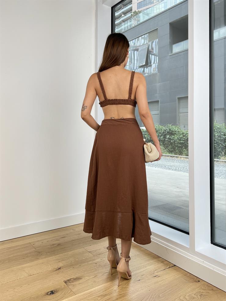 Askılı Bralet Yüksek Bel Kruvaze Midi Etek Carlotta Kadın Kahve Takım 24Y754