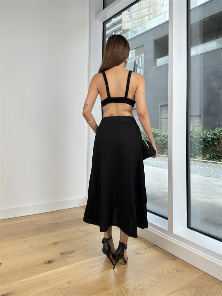 Askılı Bralet Yüksek Bel Kruvaze Midi Etek Carlotta Kadın Siyah Takım 24Y754