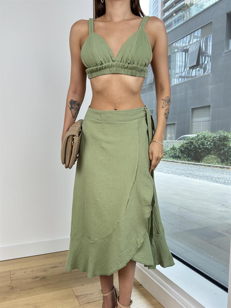 Askılı Bralet Yüksek Bel Kruvaze Midi Etek Carlotta Kadın Mint Takım 24Y754