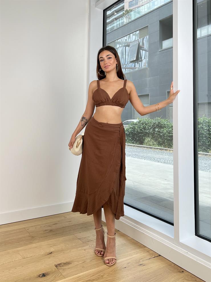 Askılı Bralet Yüksek Bel Kruvaze Midi Etek Carlotta Kadın Kahve Takım 24Y754