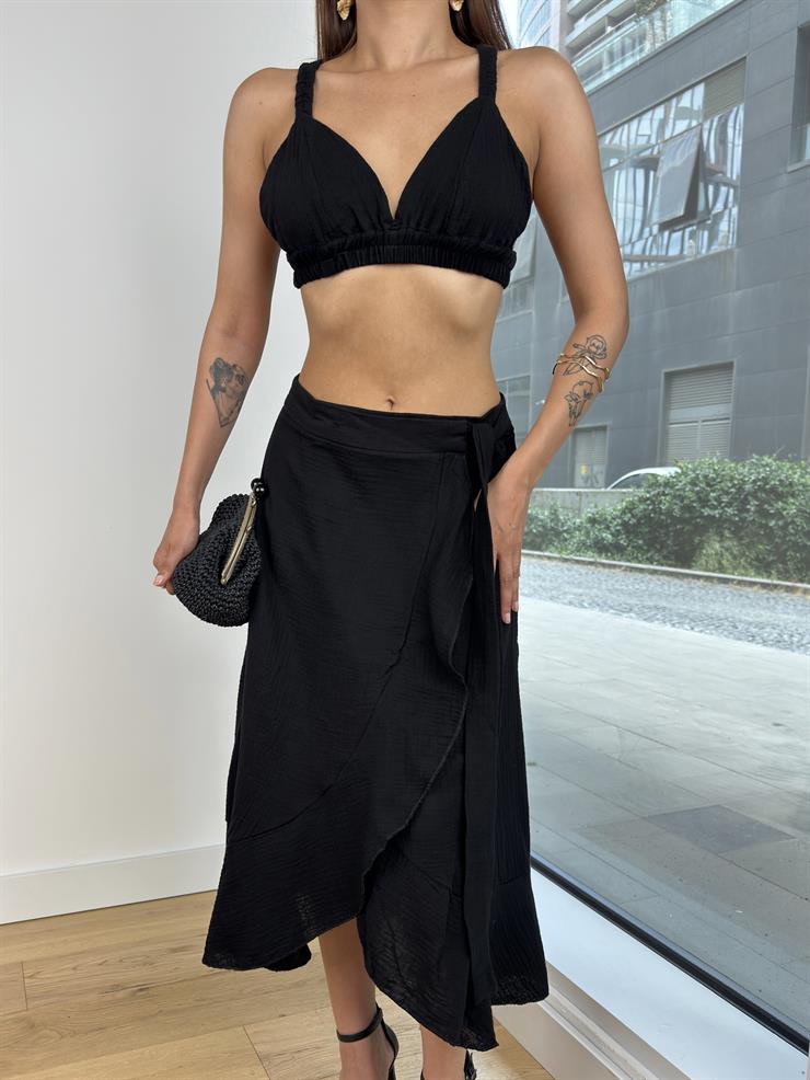 Askılı Bralet Yüksek Bel Kruvaze Midi Etek Carlotta Kadın Siyah Takım 24Y754