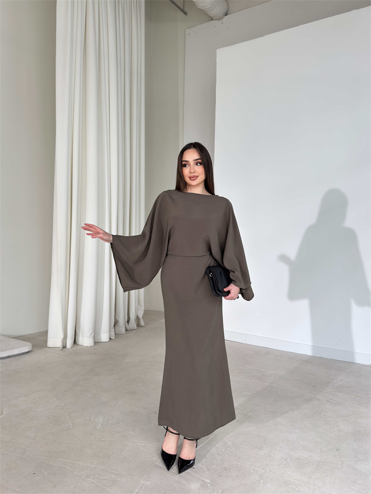 Geniş Kol Kendinden Kuşaklı Maxi Haki Carolyn Kadın Elbise 26Y183